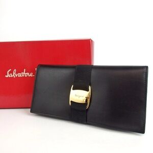 Salvatore Ferragamo Black Leather Card Holder with Gold Buckle